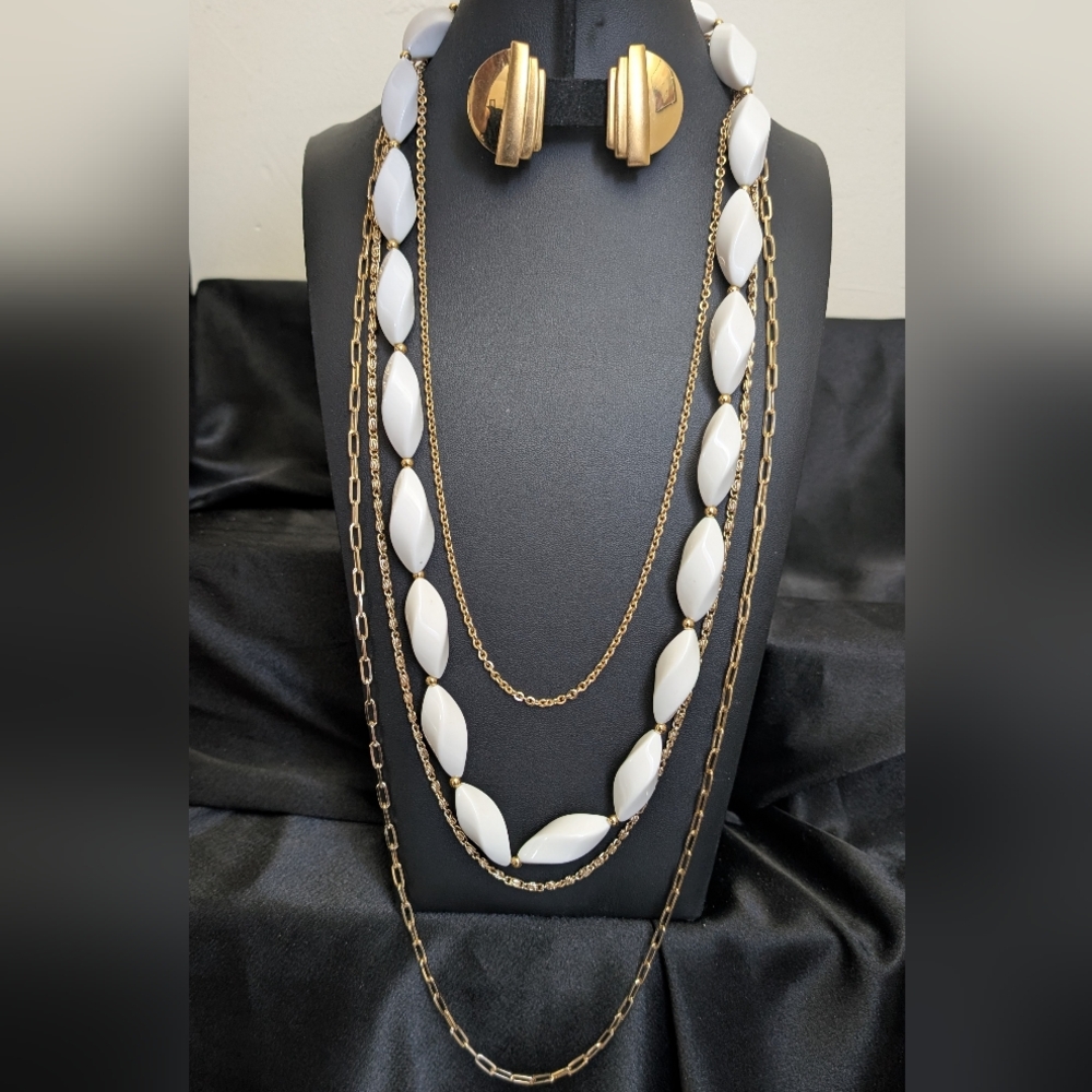 #56.Trifari White Lucite  Necklace with Monet  Earrings & Germany Gold Neck